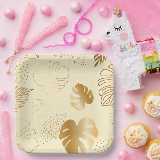 Assiettes En Carton Plaques en papier feuille jaune or (Fête)