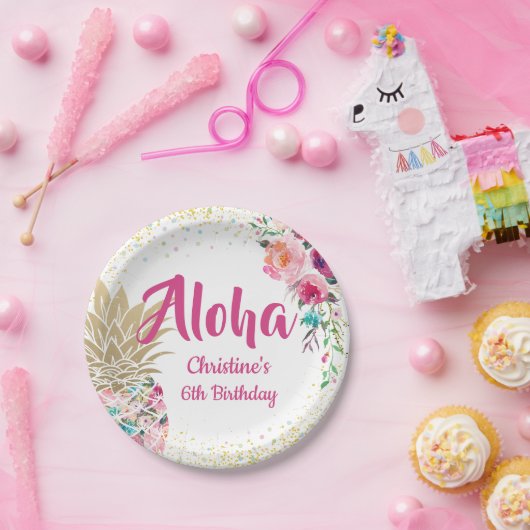 Assiettes En Carton Plaques en papier floral à ananas rose tropicale (Fête)