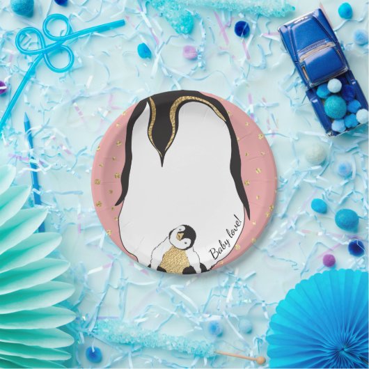 Assiettes En Carton Plaques en papier "Gold Baby & Maman Penguins Rose (Fête)