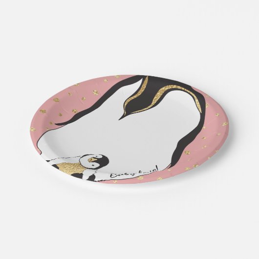 Assiettes En Carton Plaques en papier "Gold Baby & Maman Penguins Rose (Angle)