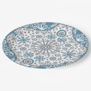 Assiettes En Carton Plaques en papier gris et bleu neige d'hiver