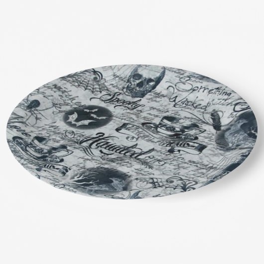 Assiettes En Carton Plaques en papier Halloween blanc et noir (Angle)