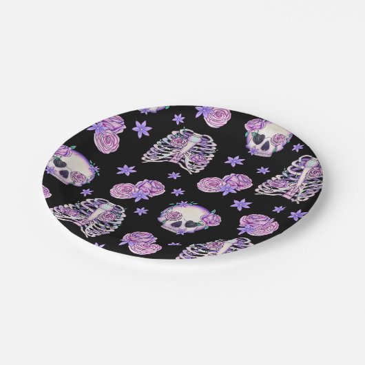 Assiettes En Carton Plaques en papier Halloween crâne rose (Angle)