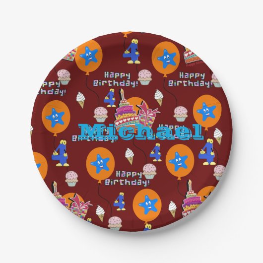 Assiettes En Carton Plaques en papier, Joyeux 4e anniversaire #4 Ballo (Devant)