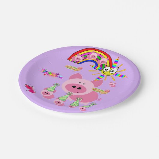 Assiettes En Carton Plaques en papier, Joyeux Anniversaire Cochon rose (Angle)