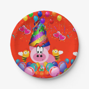 Assiettes En Carton Plaques en papier, Joyeux Anniversaire Pink Pig Bu