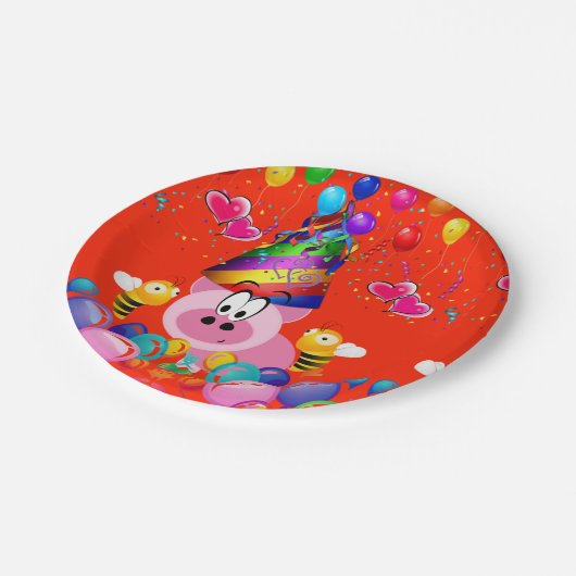 Assiettes En Carton Plaques en papier, Joyeux Anniversaire Pink Pig Bu (Angle)