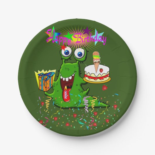 Assiettes En Carton Plaques en papier, joyeux monstre d'anniversaire (Devant)