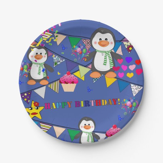 Assiettes En Carton Plaques en papier, Joyeux Penguin d'anniversaire (Devant)