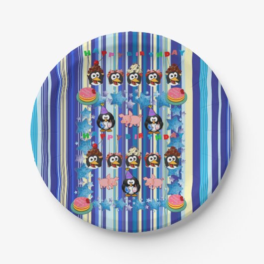 Assiettes En Carton Plaques en papier, Joyeux Penguin en bande d'anniv (Devant)