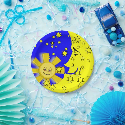 Assiettes En Carton Plaques en papier, Lune Solaire Étoiles Jaunes (Fête)