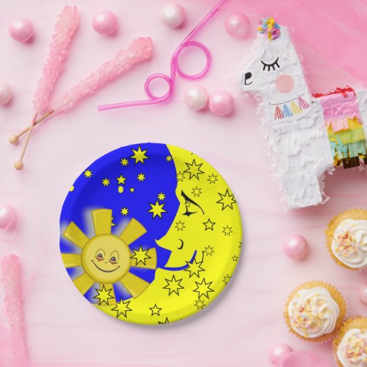 Assiettes En Carton Plaques en papier, Lune Solaire Étoiles Jaunes (Fête)