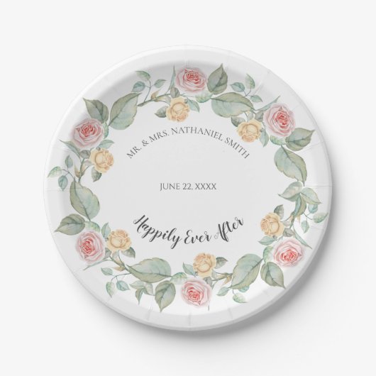 Assiettes En Carton Plaques en papier Mariage rose et jaune rose (Devant)