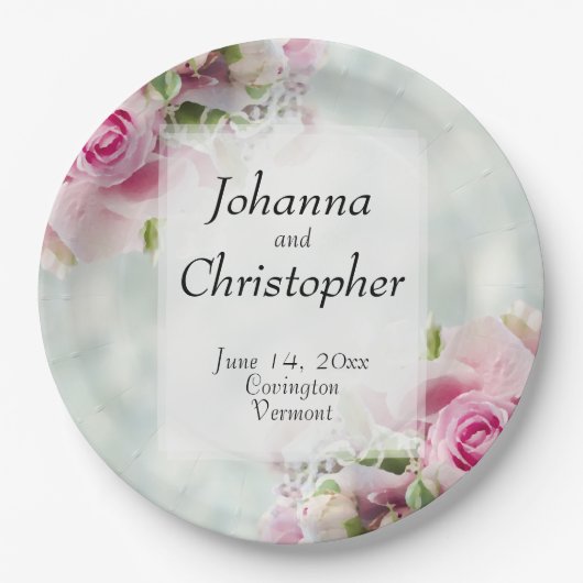 Assiettes En Carton Plaques en papier Mariage Roses roses (Devant)