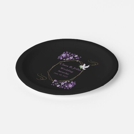 Assiettes En Carton Plaques en papier Mariage violet et noir (Angle)