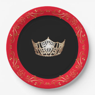 Assiettes En Carton Plaques en papier Miss America Red Gold Crown 9"