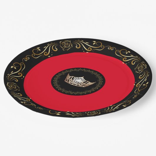 Assiettes En Carton Plaques en papier Miss America Red Gold Crown 9" (Angle)