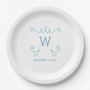 Assiettes En Carton Plaques en papier monogramme bleu Whimsical Flourd