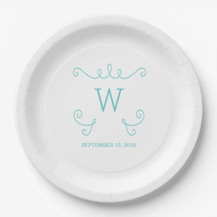 Assiettes En Carton Plaques en papier Monogramme turquoise