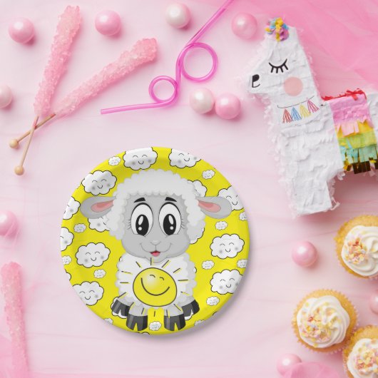Assiettes En Carton Plaques en papier, Moutons nuages soleil Jaune (Fête)