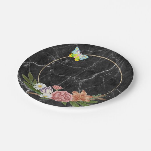 Assiettes En Carton Plaques en papier, Papillon en marbre noirFleurs f (Angle)