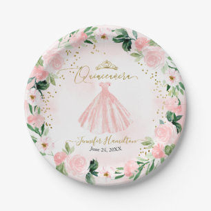 Assiettes En Carton Plaques en papier Quinceanera Robe rose Florale