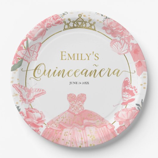 Assiettes En Carton Plaques en papier Quinceanera Robe rose Robe Flora (Devant)