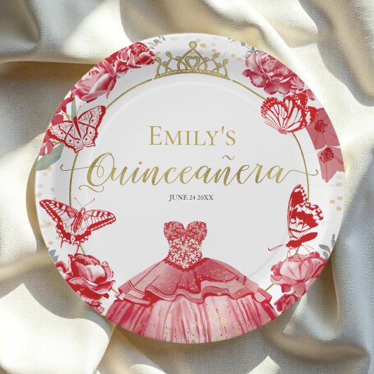 Assiettes En Carton Plaques en papier Quinceanera Robe rouge Robe flor