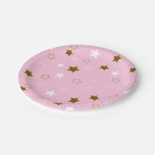 Assiettes En Carton Plaques en papier rose et or Stars (Angle)