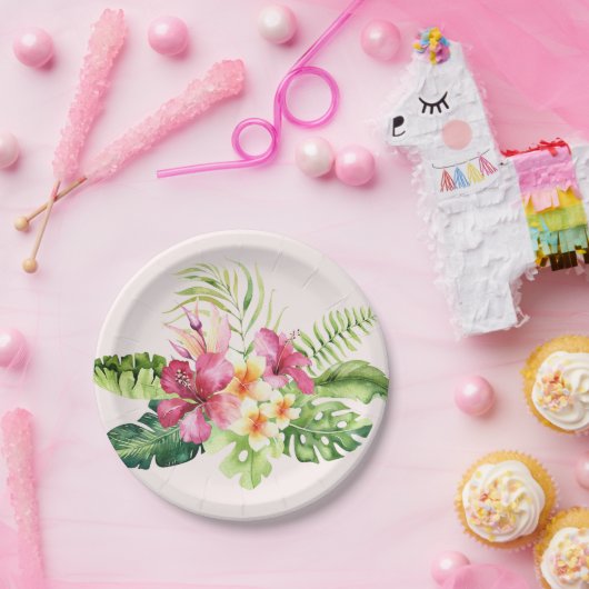 Assiettes En Carton Plaques en papier rose vert tropicale, 7 pouces (Fête)