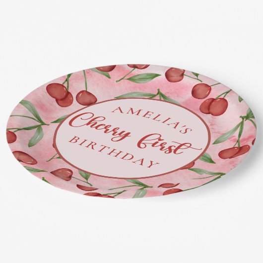 Assiettes En Carton Plaques en papier rouge Cerise d'anniversaire (Angle)