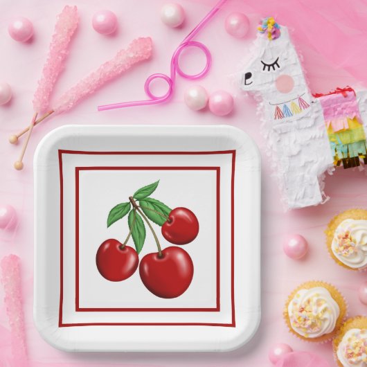 Assiettes En Carton Plaques en papier style rétro Cerises rouges (Fête)