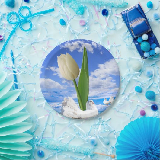 Assiettes En Carton Plaques en papier, Tulipe Floral Oiseaux blancs (Fête)