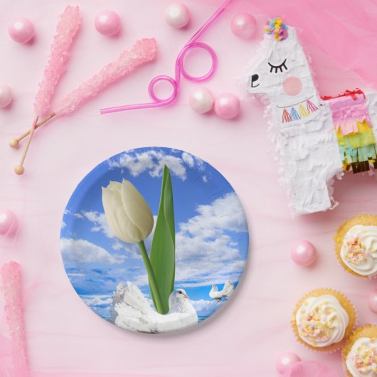 Assiettes En Carton Plaques en papier, Tulipe Floral Oiseaux blancs (Fête)