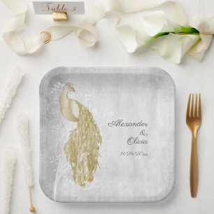 Assiettes En Carton Plaques en papier Wedding shower Peacock Or