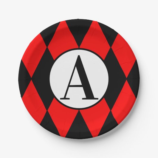Assiettes En Carton Plaques papier 7" ROUGE & NOIR HARLEQUIN & INITIAL (Devant)