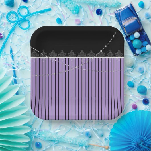 Assiettes En Carton Plaques papier à rayures violettes et noires (Fête)