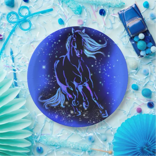 Assiettes En Carton Plaques Papier Cheval Courant En Bleu Lune Nuit (Fête)