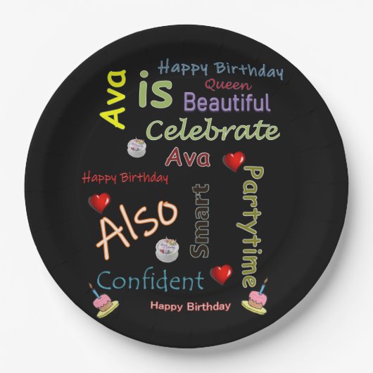 Assiettes En Carton Plaques papier d'anniversaire joyeuses Ava (Devant)