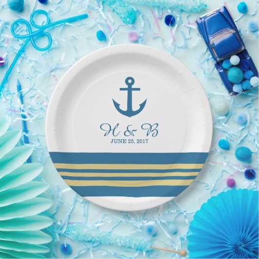 Assiettes En Carton Plaques papier Mariage Blue Gold Nautical Ancre (Fête)