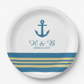 Assiettes En Carton Plaques papier Mariage Blue Gold Nautical Ancre (Devant)