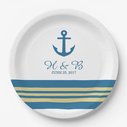 Assiettes En Carton Plaques papier Mariage Blue Gold Nautical Ancre (Devant)