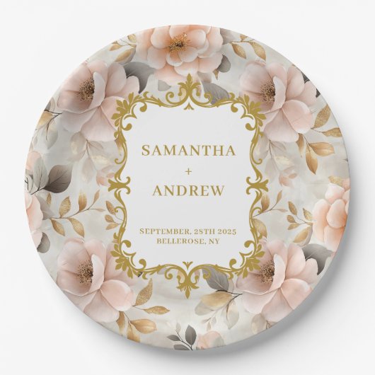 Assiettes En Carton Plaques papier Mariage Blush Gold uniques (Devant)