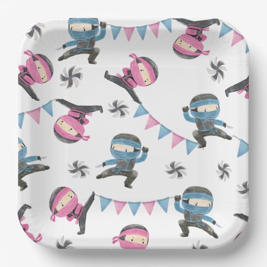 Assiettes En Carton Plaques papier Ninja rose et bleu (Recto)