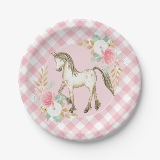Assiettes En Carton Plaques Pony floral et plaid Anniversaire (Devant)