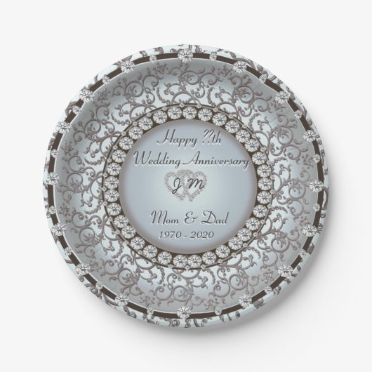 Assiettes En Carton Plat de monogramme d'anniversaire de mariage (Devant)