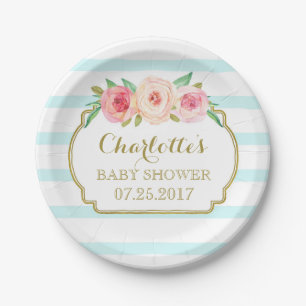 Assiettes En Carton Plat floral de baby shower de rose d'or de rayures