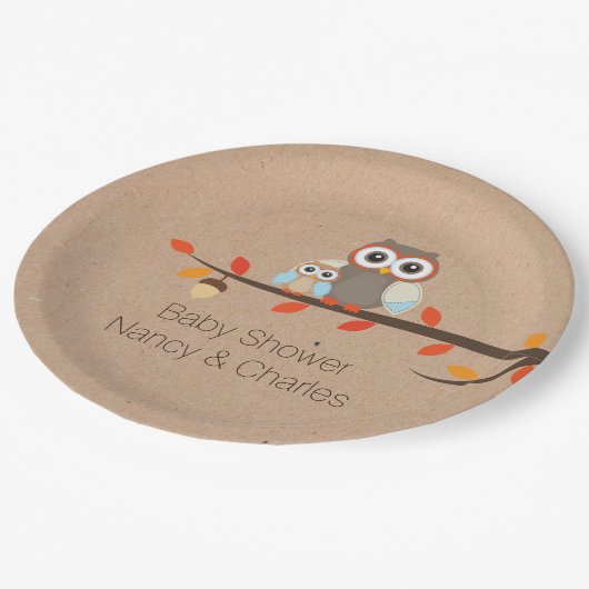 Assiettes En Carton Plat rustique mignon de baby shower de hiboux (Angle)