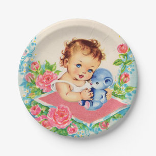Assiettes En Carton Plat vintage de bébé et de gâteau de baby showe