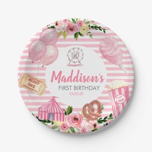 Assiettes En Carton Plate de papier pour anniversaire de carnaval rose (Devant)